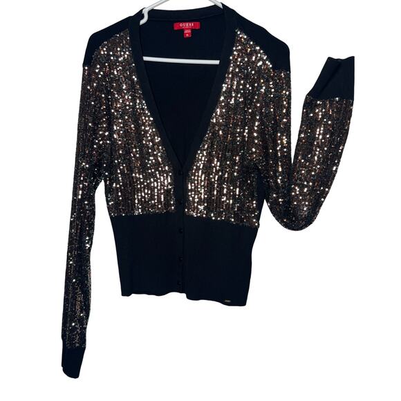 Guess Sweater Juniors Size XL Black Sequins Long Sleeve Button Up V-Neck Women - Picture 1 of 10